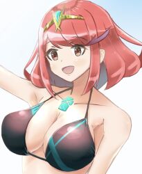 Rule 34 | 1girl, :d, adapted costume, alternate costume, bikini, black bikini, breasts, chest jewel, cleavage, core crystal (xenoblade), highres, kanuici336, large breasts, open mouth, pyra (xenoblade), red eyes, red hair, short hair, smile, solo, swept bangs, swimsuit, tiara, two-tone swimsuit, xenoblade chronicles (series), xenoblade chronicles 2