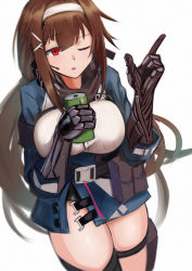 Rule 34 | 1girl, :o, blue jacket, breasts, brown hair, girls&#039; frontline, hair ornament, hairband, hairclip, headphones, highres, holding, holding jar, index finger raised, jacket, jar, js 9 (girls&#039; frontline), large breasts, lodbyy, long hair, looking at viewer, mechanical arms, one eye closed, red eyes, solo, standing, very long hair, white background, white hairband