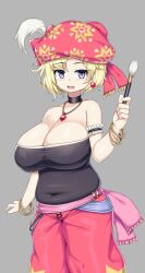 Rule 34 | 1girl, alternate breast size, art brush, bare shoulders, black choker, blonde hair, blue eyes, blush, breasts, choker, cleavage, earrings, final fantasy, final fantasy vi, hat, highres, huge breasts, jewelry, large breasts, looking at viewer, necklace, open mouth, paintbrush, plump, relm arrowny, sawati, short hair, simple background, smile, solo, strapless