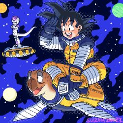 Rule 34 | 2boys, :d, alien, animal, black eyes, black hair, capsule corp, crossed arms, crossed legs, dragon ball, dragonball z, frieza, full body, gloves, happy, indian style, looking away, lowres, male focus, multiple boys, open mouth, outline, planet, short hair, sitting, sitting on animal, sky, smile, son goku, space, spacecraft, spacesuit, spiked hair, standing, star (sky), stargeyser, starry sky, tail, turtle, umigame (dragon ball), zipper