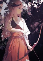 Rule 34 | 1girl, abstract background, absurdres, arrow (projectile), black horns, blunt bangs, bow (weapon), chest guard, closed mouth, cowboy shot, demon horns, earrings, expressionless, flat chest, from side, hakama, highres, holding, holding arrow, holding bow (weapon), holding weapon, horns, japanese clothes, jewelry, leria v, long hair, looking ahead, original, pink eyes, pink hair, red hakama, serious, shirt, short sleeves, signature, solo, standing, weapon, white shirt