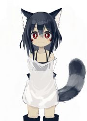 Rule 34 | 1girl, animal ears, bare shoulders, black footwear, black hair, blush, boots, closed mouth, collarbone, commentary request, dress, facial mark, hair between eyes, highres, knee boots, long hair, long sleeves, off shoulder, original, pappii (paprika shikiso), paprika shikiso, red eyes, simple background, smile, solo, tail, white background, white dress