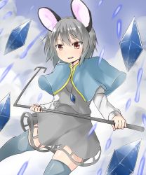 Rule 34 | &gt;:(, 1girl, absurdres, animal ears, blush, brown eyes, capelet, cowboy shot, danmaku, dowsing rod, dress, frown, grey dress, grey hair, grey thighhighs, hair between eyes, highres, jewelry, long sleeves, mouse ears, mouse tail, nazrin, netamaru, parted lips, pendant, short hair, solo, tail, thighhighs, touhou, v-shaped eyebrows