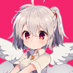Rule 34 | 1girl, ahoge, angel chromosome xx, bad id, bad tumblr id, blush, closed mouth, collared shirt, crossed bangs, eyelashes, grey hair, hair between eyes, ikeuchi tanuma, multiple wings, neon genesis evangelion, outline, pink background, red eyes, shirt, short hair, short sleeves, simple background, solo, tabris-xx, two side up, upper body, white outline, white shirt, wing collar, wings