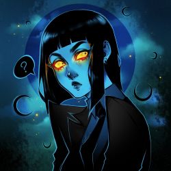 Rule 34 | 1girl, ?, ashiori-chan, black hair, black necktie, blue skin, blunt bangs, breasts, colored sclera, colored skin, commentary, crescent, dark background, ear piercing, earrings, english commentary, formal, glowing, glowing eyes, hecate (lore olympus), highres, jewelry, lore olympus, medium breasts, necktie, piercing, portrait, sideways glance, solo, spoken question mark, yellow sclera