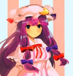 Rule 34 | 1girl, bad id, bad twitter id, blue ribbon, bow, crescent, crescent hair ornament, frills, hair ornament, hair ribbon, hat, hat ribbon, highres, long hair, long sleeves, mob cap, pajamas, patchouli knowledge, purple hair, red bow, red ribbon, ribbon, shin (a co ro), simple background, sketch, solo, striped, striped background, touhou, tress ribbon