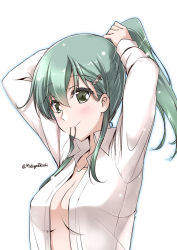 Rule 34 | 10s, 1girl, adjusting hair, alternate hairstyle, breasts, collared shirt, green eyes, green hair, hair ornament, hairclip, kantai collection, long hair, long sleeves, medium breasts, mikage takashi, mouth hold, ponytail, shirt, sidelocks, simple background, smile, solo, suzuya (kancolle), twitter username, tying hair, white background, white shirt