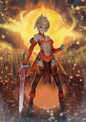 Rule 34 | 1girl, ankle boots, armor, armored dress, bare shoulders, black thighhighs, blonde hair, boots, breasts, clarent (fate), cleavage, clenched hand, collarbone, detached collar, detached sleeves, fate/apocrypha, fate/grand order, fate (series), faulds, field of blades, full body, green eyes, highres, holding, holding sword, holding weapon, kaejunni, medium breasts, medium hair, mordred (fate), mordred (fate/apocrypha), navel, pelvic curtain, planted, planted sword, planted weapon, red sleeves, short ponytail, solo, strapless, sword, thighhighs, tube top, underboob, weapon