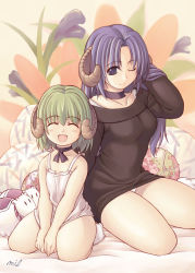 Rule 34 | 2girls, :d, ^ ^, age difference, blue eyes, blue hair, choker, closed eyes, dress, closed eyes, green hair, horns, mil (xration), multiple girls, no pants, one eye closed, open mouth, panties, size difference, smile, sweater, sweater dress, underwear, wink
