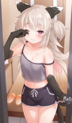 Rule 34 | 1girl, animal ears, animal hands, black shorts, breasts, camisole, cat ears, cat girl, cat tail, closed mouth, grey camisole, highres, light brown hair, long hair, looking at viewer, navel, one eye closed, one side up, original, pink eyes, rubbing eyes, sandals, shorts, small breasts, strap slip, tail, ug (nekonekodou)