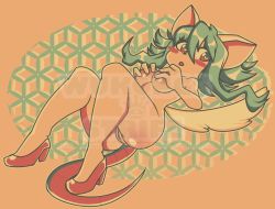 Rule 34 | 1girl, animal ears, blush stickers, breasts, green hair, high heels, highres, mad rat dead, mouse (animal), mouse ears, mouse girl, mouse tail, nippon ichi, pussy, rat god, red eyes, sketch, tail, watermark, wings, wrist cuffs, wukongssin