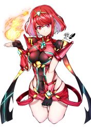 Rule 34 | 1girl, absurdres, black gloves, breasts, chest jewel, cropped legs, earrings, female focus, fingerless gloves, fire, gem, gloves, headpiece, highleg, highres, jewelry, large breasts, matching hair/eyes, nintendo, pyra (xenoblade), red eyes, red hair, red shorts, rx hts, short hair, shorts, sidelocks, simple background, skindentation, smile, solo, super smash bros., super smash bros. logo, tiara, twitter username, white background, xenoblade chronicles (series), xenoblade chronicles 2