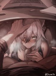 Rule 34 | 1girl, puff of air, animal ears, arknights, bare shoulders, bent over, black shirt, blush, bottomless, breasts, cat ears, computer, dokuro deluxe, fellatio, green eyes, grey hair, headpat, hetero, highres, indoors, laptop, large breasts, long hair, long sleeves, looking at viewer, oral, paper, pov, schwarz (arknights), shirt, solo focus, spread legs, twitter username, uncensored, under table, usb, v-shaped eyebrows