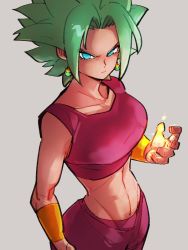 Rule 34 | 1girl, abs, aqua eyes, arm at side, bracelet, breasts, closed mouth, collarbone, cowboy shot, crop top, dragon ball, dragon ball super, earrings, energy ball, eyelashes, fingernails, frown, glowing, green hair, grey background, groin, hand up, jewelry, kefla (dragon ball), kemachiku, large breasts, leggings, looking at viewer, looking up, midriff, navel, pants, pink crop top, pink leggings, potara earrings, short hair, sidelighting, simple background, solo, spiked hair, super saiyan, tight clothes, tight pants, toned, upper body