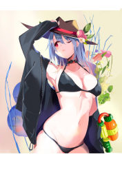 Rule 34 | 1girl, arm up, armpits, bare shoulders, beige background, bikini, black bikini, black choker, black jacket, blue hair, breasts, brown hat, choker, collarbone, commentary request, cowboy shot, fedora, flower, food, fruit, groin, hair between eyes, halterneck, hat, highres, hinanawi tenshi, jacket, leaf, long hair, long sleeves, looking up, md5 mismatch, medium breasts, navel, off shoulder, one eye closed, open clothes, open jacket, parted lips, peach, pink flower, red eyes, red flower, resolution mismatch, skindentation, solo, source smaller, standing, stomach, swimsuit, tetsurou (fe+), thighs, touhou, tulip, two-tone background, white background
