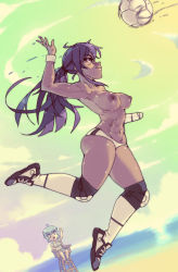Rule 34 | 2girls, abs, amputee, armpits, ball, bandaged arm, bandages, biceps, black hair, blue hair, breasts, cleavage, commentary, dark-skinned female, dark skin, dutch angle, english commentary, highres, jumping, katawa shoujo, knee pads, long hair, looking at viewer, medium breasts, miura miki, multiple girls, muscular, muscular female, navel, nipples, ocean, over-kneehighs, playing sports, purple eyes, rtil, shoes, short shorts, shorts, sneakers, solo focus, suzuki suzu, sweat, thighhighs, topless, umpire, umpire chair, volleyball, volleyball (object), wristband