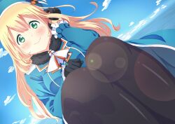 Rule 34 | 1girl, ascot, atago (kancolle), beret, black gloves, black pantyhose, blonde hair, blue dress, blue hat, blue sky, blush, close-up, closed mouth, cloud, color banding, commentary, day, dot nose, dress, dutch angle, feet out of frame, frilled sleeves, frills, gloves, green eyes, hair between eyes, hand in own hair, hand on own leg, hands up, hat, highres, kamaboko uehaasu, kantai collection, knees, legs together, lens flare, long hair, long sleeves, looking at viewer, medium dress, outdoors, pantyhose, sanpaku, sky, smile, solo, tareme, white ascot