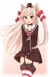 Rule 34 | 10s, 1girl, amatsukaze (kancolle), arms behind back, black dress, black panties, blush, brown eyes, chawan, chawan (yultutari), choker, cowboy shot, dress, garter straps, hair ornament, hair tubes, highres, kantai collection, long hair, looking at viewer, no pants, panties, parted lips, red thighhighs, sailor dress, short dress, side-tie panties, silver hair, smile, solo, standing, striped clothes, striped thighhighs, thighhighs, two side up, underwear, upper body, white background