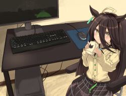 Rule 34 | 1girl, ahoge, animal ears, belt, black belt, black hair, black ribbon, black skirt, blush, chair, closed mouth, coffee mug, commentary, commentary request, computer, cup, earrings, frilled shirt, frills, hair between eyes, holding, holding cup, horse ears, horse girl, indoors, jewelry, keyboard (computer), kudo (user dzch8572), long hair, looking at viewer, manhattan cafe (umamusume), monitor, mouse (computer), mousepad (object), mug, multicolored hair, office chair, official alternate costume, painting (object), plaid, plaid skirt, ribbon, shirt, single earring, sitting, skirt, smile, solo, streaked hair, swivel chair, umamusume, very long hair, white hair, yellow eyes, yellow shirt