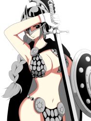 Rule 34 | 1girl, aribbon, armor, breasts, cape, cleavage, dressrosa, female focus, gladiator, gloves, helmet, large breasts, midriff, one piece, princess, rebecca (one piece), shield, solo, sword, warrior, weapon