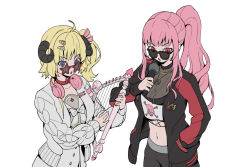 2girls, ahoge, asymmetrical hair, black-framed eyewear, black jacket, black pants, blonde hair, blue eyes, bow, bowtie, breasts, cardigan, choker, commentary, cowboy shot, crop top, dress, english commentary, eyebrows visible through hair, fishnets, from above, grey dress, hair ornament, hairclip, hand in pocket, headphones, headphones around neck, highres, holding, holding microphone, hololive, hololive english, horns, jacket, jewelry, karassawa, long hair, looking at viewer, looking over eyewear, medium breasts, medium hair, microphone, midriff, mori calliope, multiple girls, navel, necklace, official alternate costume, open clothes, open jacket, open mouth, pants, pink hair, ponytail, red-framed eyewear, red choker, red eyes, red jacket, see-through, sheep girl, sheep horns, side ponytail, sidelocks, simple background, skirt, skull and crossbones, skull print, star-shaped eyewear, sunglasses, symbol commentary, tank top, tsunomaki watame, two-tone jacket, virtual youtuber, white background, white bow, white cardigan, white neckwear, white skirt, white tank top