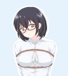 Rule 34 | 10s, 1girl, asobi asobase, black hair, blue background, blue bra, blush, bound, bra, bra peek, breasts, brown eyes, collared shirt, dress shirt, frown, glasses, hair between eyes, looking at viewer, medium breasts, nomura kasumi, nose blush, open clothes, outline, partially unbuttoned, restrained, shirt, short hair, simple background, solo, sweatdrop, tied up, underwear, upper body, white outline, white shirt, yyi