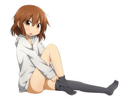 Rule 34 | 10s, 1girl, adjusting clothes, adjusting legwear, black thighhighs, brown eyes, brown hair, d:, fang, hood, hoodie, ikazuchi (kancolle), kantai collection, miyako hito, naked hoodie, no shoes, open mouth, simple background, solo, thighhighs, white background