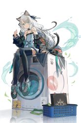 Rule 34 | 1girl, ahoge, animal ears, arknights, basket, black collar, black jacket, black ribbon, black thighhighs, blue eyes, book, cat ears, cat girl, cat tail, collar, commentary, dress, full body, green footwear, grey footwear, grey hair, hair ribbon, hand up, highres, infection monitor (arknights), jacket, long hair, mint (arknights), nuudoru, off shoulder, open clothes, open jacket, paw print, ribbon, shoes, simple background, sitting, smile, solo, strap slip, tail, thighhighs, thumbs up, two-tone footwear, very long hair, washing machine, water, white background, white dress