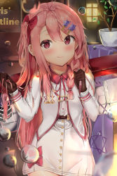 Rule 34 | 1girl, absurdres, aged down, alternate costume, bachibachi (tisen), blush, bow, braid, brown gloves, bubble, buttons, character name, closed mouth, dress, girls&#039; frontline, gloves, hair between eyes, hair bow, hair ornament, hair ribbon, hairclip, hexagram, highres, indoors, jacket, long hair, looking at viewer, negev (girls&#039; frontline), one side up, pink hair, red bow, red eyes, ribbon, smile, solo, star of david, weapon bag