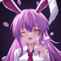 Rule 34 | 1girl, aiming, aiming at viewer, animal ears, bullet, chunjiu, collared shirt, crossed bangs, dot nose, gradient background, hair between eyes, heart, heart-shaped pupils, highres, light blush, long hair, looking at viewer, motion blur, necktie, one eye closed, open mouth, pink eyes, purple background, purple hair, rabbit ears, rabbit girl, red necktie, reisen udongein inaba, shirt, sidelocks, symbol-shaped pupils, textless version, touhou, very long hair, white shirt