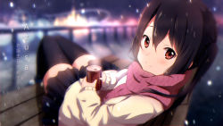 Rule 34 | 1girl, bench, black hair, black thighhighs, blurry, blush, breath, can, character name, closed mouth, coffee, depth of field, dutch angle, hair between eyes, highres, holding, k-on!, long hair, long sleeves, looking at viewer, miniskirt, nakano azusa, night, night sky, outdoors, plaid, red eyes, scarf, sitting, skirt, sky, smile, snowing, solo, text focus, thighhighs, translation request, twintails, xiao ren, zettai ryouiki