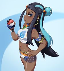 Rule 34 | 1girl, absurdres, armlet, artist name, bare shoulders, belly chain, bike shorts, black hair, blue eyes, blue hair, breasts, closed mouth, commentary, cowboy shot, creatures (company), dark-skinned female, dark skin, earrings, game freak, gloves, gym leader, hair bun, hair ornament, hand on own hip, hand up, highres, holding, holding poke ball, hoop earrings, jewelry, long hair, looking at viewer, makeup, medium breasts, multicolored hair, navel, necklace, nessa (pokemon), nintendo, poke ball, poke ball (basic), pokemon, pokemon swsh, profile, rob ishi, shorts, single glove, single hair bun, solo, swimsuit, two-tone hair