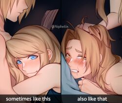 Rule 34 | 1boy, 1girl, aiphelix, blonde hair, blue eyes, blush, comforting, crying, crying with eyes open, edward elric, english text, fullmetal alchemist, grabbing another&#039;s hair, grin, hair pulled back, hetero, highres, hug, implied anal, implied sex, long hair, looking at viewer, meme, on bed, saliva, smile, sometimes like this/also like that (meme), streaming tears, tears, vanilla, winry rockbell, yellow eyes