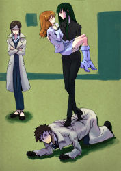 Rule 34 | 1boy, 3girls, all fours, bad id, bad pixiv id, beard, boots, brown hair, carrying, coat, couple, crossed arms, darker than black, eye contact, facial hair, formal, glasses, gloves, green hair, hazuki mina (darker than black), kesho, kirihara misaki, knee boots, long hair, looking at another, mary janes, multiple girls, necktie, orange eyes, own hands together, pant suit, pants, princess carry, profile, sawasaki youko, shizume genma, shoes, standing, stepped on, suit, walking, yuri