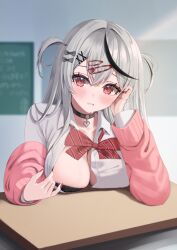 Rule 34 | 1girl, absurdres, alternate costume, ara1e, black bow, black bra, black hair, blush, bow, bra, breasts, cardigan, choker, cleavage, desk, dress shirt, fang, grey hair, hair ornament, hairclip, heart, heart choker, highres, hololive, large breasts, looking at viewer, nail polish, open clothes, open mouth, open shirt, red eyes, sakamata chloe, shirt, shirt tug, skin fang, solo, striped bow, two side up, underwear, upper body, virtual youtuber