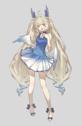 Rule 34 | 1girl, absurdres, ahoge, bare legs, bare shoulders, blonde hair, blue dress, blush, bow, breasts, dress, enna alouette, flower, footwear bow, grey background, hair flower, hair ornament, hand on own chest, head wings, highres, lai dou laile 555, looking at viewer, multicolored hair, nijisanji, nijisanji en, open mouth, pleated dress, purple eyes, short dress, simple background, sleeveless, sleeveless dress, small breasts, smile, solo, twintails, two-tone hair, virtual youtuber, wings