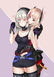 Rule 34 | 2girls, aa-12 (girls&#039; frontline), absurdres, ahoge, airbo, amputee, blue eyes, breasts, buckle, cleavage, girls&#039; frontline, gloves, hair between eyes, heart, highres, licking, licking another&#039;s face, long hair, m4 sopmod ii (girls&#039; frontline), mechanical arms, multiple girls, one eye closed, pink hair, prosthesis, prosthetic arm, purple gloves, red eyes, short shorts, shorts, silver hair, single mechanical arm, snap-fit buckle, tank top, thighhighs, thighs, yuri