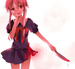 Rule 34 | 1girl, bison cangshu, blood, bow, gasai yuno, hand on own face, knife, long hair, mirai nikki, pink hair, red eyes, simple background, solo, white background, yandere