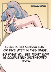Rule 34 | 1girl, artist name, butter sugoi, censored, convenient censoring, earrings, english text, engrish text, from behind, glasses, grey hair, hand on wall, high ponytail, highres, jewelry, looking back, nude, open mouth, original, ponytail, profile, ranguage, smile, solo, speech bubble, thick eyebrows, yellow eyes