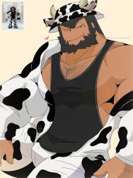 Rule 34 | 1boy, animal costume, animal ears, ashantipillada, bara, beard, bulge, cow boy, cow costume, cow ears, cow horns, cowboy shot, dark-skinned male, dark skin, facial hair, fake animal ears, full beard, heart, highres, horns, looking at viewer, male focus, mature male, muscular, muscular male, original, pectoral cleavage, pectorals, reference inset, roblox, seductive smile, sidepec, sitting, smile, solo, sparse chest hair, square face, thick beard