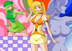 Rule 34 | 1970s (style), 2girls, armlet, bare shoulders, blonde hair, breasts, choker, cleavage, collarbone, cropped legs, cutie honey, dress, closed eyes, gloves, green dress, green gloves, green hair, hairband, hand up, hat, kisaragi honey, long hair, multiple girls, nipples, nude, retro artstyle, open mouth, retro artstyle, short dress, sleeveless, sleeveless dress, smile, statue, yellow dress