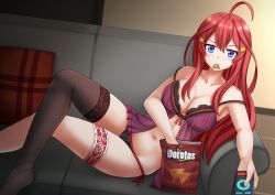 Rule 34 | 1girl, ahoge, asymmetrical legwear, babydoll, bare arms, bare shoulders, black panties, blue eyes, blurry, blurry background, blush, bow, bow panties, brand name imitation, breasts, brown thighhighs, cleavage, commentary, controller, couch, depth of field, doritos, fingernails, food in mouth, go-toubun no hanayome, hair between eyes, hair ornament, highres, holding, indoors, kazenokaze, long hair, medium breasts, mouth hold, nakano itsuki, navel, on couch, panties, pillow, purple babydoll, red hair, remote control, side-tie panties, single thighhigh, solo, star (symbol), star hair ornament, thighhighs, underwear, underwear only, uneven legwear, upper body, very long hair