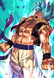 Rule 34 | 1boy, aura, black vest, blue eyes, blue hair, blue sash, clenched hands, cropped legs, dragon ball, dragon ball super, dragon ball super broly, evolution championship series, gogeta, hungry clicker, male focus, muscular, open mouth, pants, sash, solo, spiked hair, super saiyan, super saiyan blue, vest, white pants, wristband