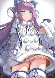 Rule 34 | 1girl, :t, absurdres, ahoge, azur lane, blue eyes, brown sweater, closed mouth, commentary request, dress, fur-trimmed dress, fur trim, gluteal fold, gradient background, grey background, hand up, highres, long hair, long sleeves, looking at viewer, moyoron, panties, pink panties, pout, purple hair, sleeves past fingers, sleeves past wrists, solo, sweater, tashkent (azur lane), thighhighs, underwear, very long hair, white background, white dress, white thighhighs, wide sleeves