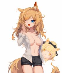 Rule 34 | 1girl, ;o, animal ear fluff, animal ears, arknights, bad id, bad twitter id, bare shoulders, black shorts, blemishine (arknights), blonde hair, blue eyes, breasts, commentary, cowboy shot, hickey, highres, horse ears, horse girl, horse tail, long hair, medium breasts, navel, off shoulder, one eye closed, open clothes, open mouth, open shirt, revision, short shorts, shorts, simple background, solo, spacelongcat, standing, stomach, tail, tears, thighs, whislash (arknights), white background, yawning