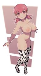 Rule 34 | 1girl, animal print, breasts, closed mouth, cow print, creatures (company), full body, game freak, highres, lamb-oic029, large areolae, large breasts, looking at viewer, navel, nintendo, nipples, pink eyes, pink hair, pink pubic hair, pokemon, pokemon hgss, print thighhighs, short hair, smile, solo, standing, thighhighs, white thighhighs, whitney (pokemon)