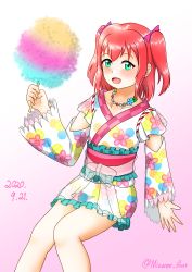 Rule 34 | 1girl, absurdres, aqua eyes, artist name, artist request, bare legs, blush, bow, collarbone, corset, cotton candy, female focus, floral print, flower print, green eyes, hair between eyes, hair bow, highres, holding, japanese clothes, jewelry, kimono, kurosawa ruby, looking at viewer, love live!, love live! school idol festival, love live! sunshine!!, mizunoe illust, necklace, parted lips, pearl necklace, purple bow, red hair, short hair, smile, solo, white background, white kimono