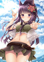 Rule 34 | 1girl, animal ear fluff, animal ears, bare shoulders, belt, black necktie, blush, breasts, cloud, cloudy sky, day, flower, gluteal fold, green skirt, hair flower, hair ornament, hand up, hibiscus, high ponytail, highres, kasumi (princess connect!), medium breasts, miniskirt, navel, necktie, ocean, one eye closed, open mouth, outdoors, outstretched arm, princess connect!, purple eyes, purple hair, red flower, rumiko (rmeco), see-through, skirt, sky, smile, solo, standing, thigh gap, thighs, v-shaped eyebrows, wading, water, wind, wind lift
