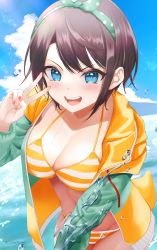 Rule 34 | 1girl, absurdres, bikini, blue eyes, breasts, brown hair, cleavage, close-up, green hairband, hairband, halterneck, highres, hololive, jacket, looking at viewer, medium breasts, nail polish, oozora subaru, oozora subaru (hololive summer 2019), open clothes, open jacket, open mouth, orange bikini, orange nails, polka dot, short hair, sidelocks, smile, solo, striped bikini, striped clothes, swept bangs, swimsuit, towrituka, twitter username, upper body, v, virtual youtuber, wet
