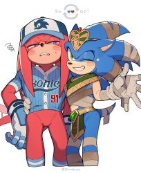 Rule 34 | 2boys, alternate costume, artist name, bandaged arm, bandaged head, bandaged leg, bandages, baseball cap, baseball jersey, blue fur, blue gloves, blue hat, blue shirt, blush, egyptian clothes, furry, furry male, gloves, green eyes, grin, hand on own hip, hat, highres, jersey, knuckles the echidna, multiple boys, mummy costume, one eye closed, purple eyes, red fur, shirt, short sleeves, simple background, sk rokuro, smile, sonic (series), sonic the hedgehog, tail, two-tone gloves, white background, white gloves